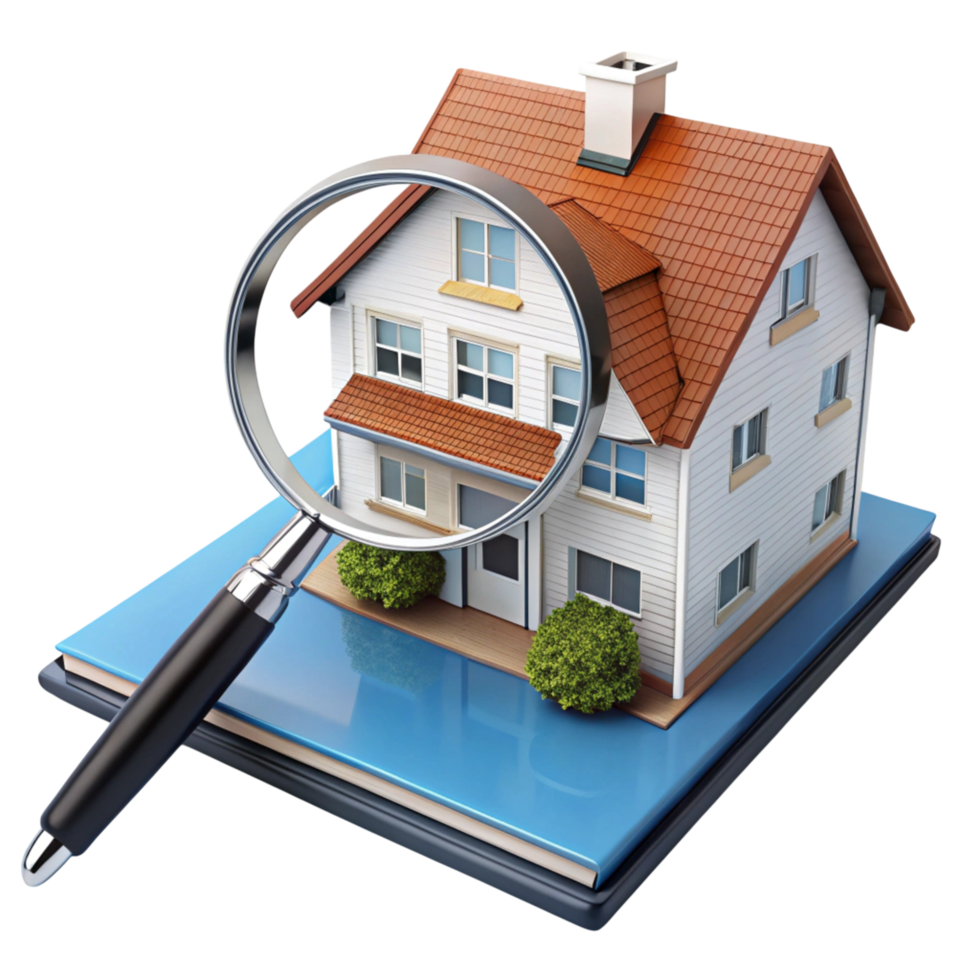 House model with magnifying glass on blue folder symbolizing property inspection and real estate appraisal process png