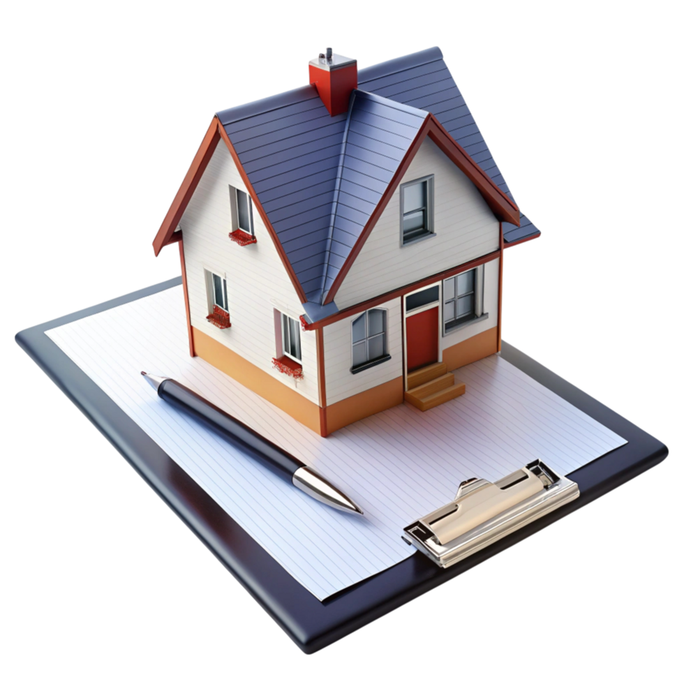 Real estate concept featuring a miniature house with clipboard and pen representing property evaluation and documentation png