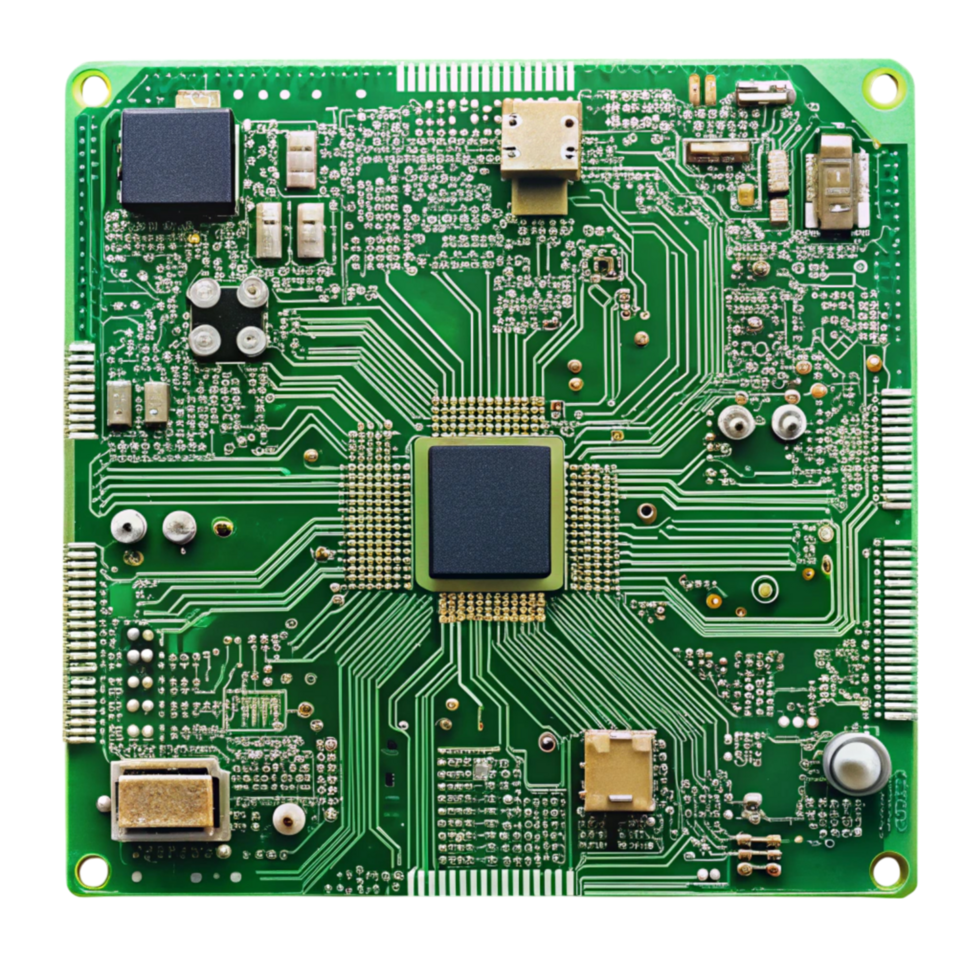 Detailed green printed circuit board with intricate circuitry and components on a clean Transparent Background png