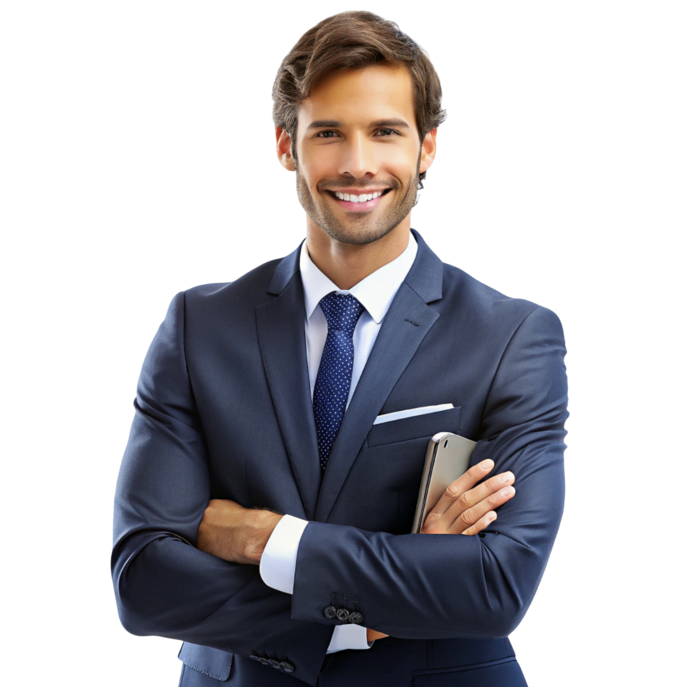 Confident realtor presenting modern property investment solutions with a focus on client satisfaction png