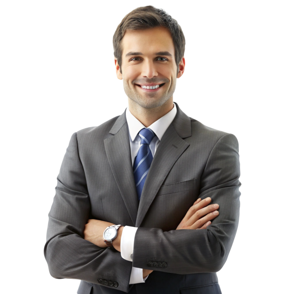 Professional real estate broker in formal suit standing confidently with a house model in the background png