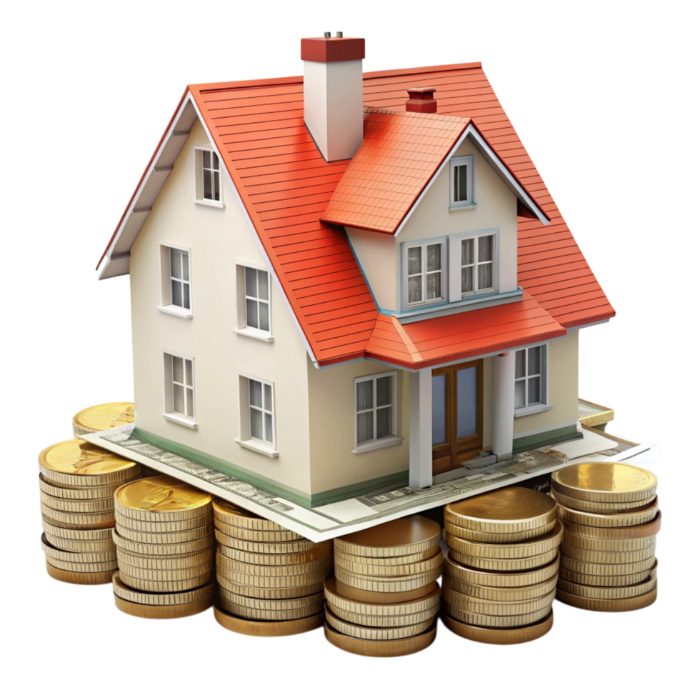 Financial success and property market growth depicted with a house model and golden coin stacks in a clean background png