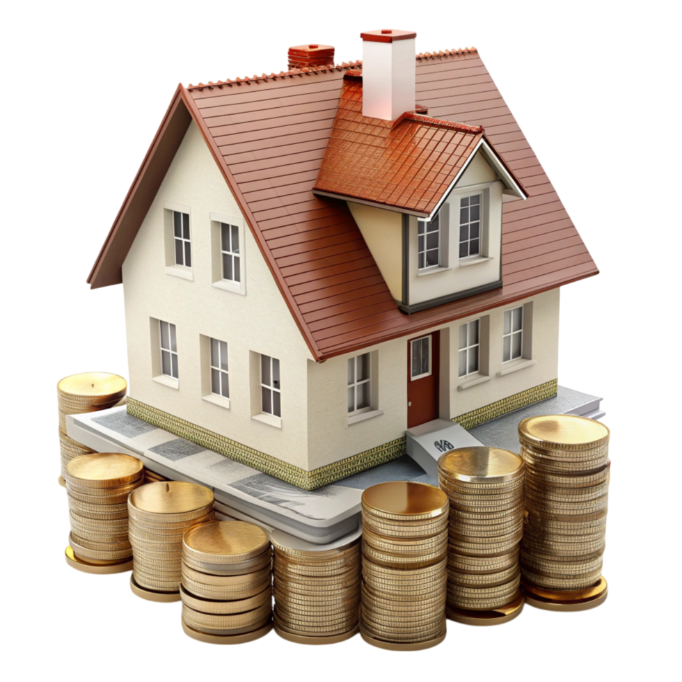 Model house with stacked gold coins representing real estate investment and financial growth in a Transparent Background png