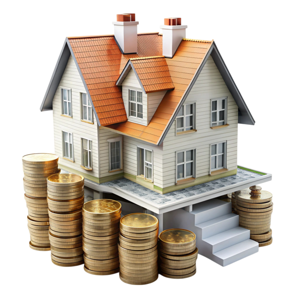 House model resting on coins and bills showcasing concepts of mortgage, property investment, and financial planning png