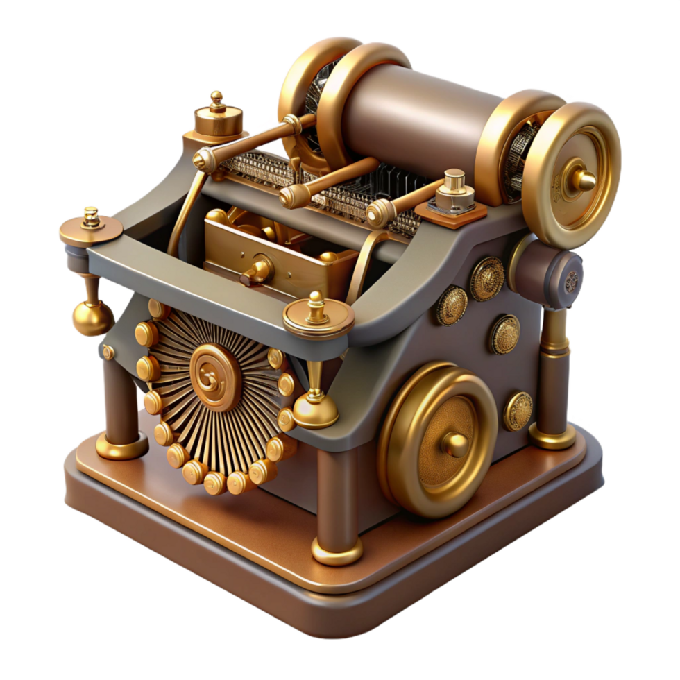 dazzling traditional Steampunk typewriter with brass keys and a clockwork mechanism with Transparent Background fine detail png