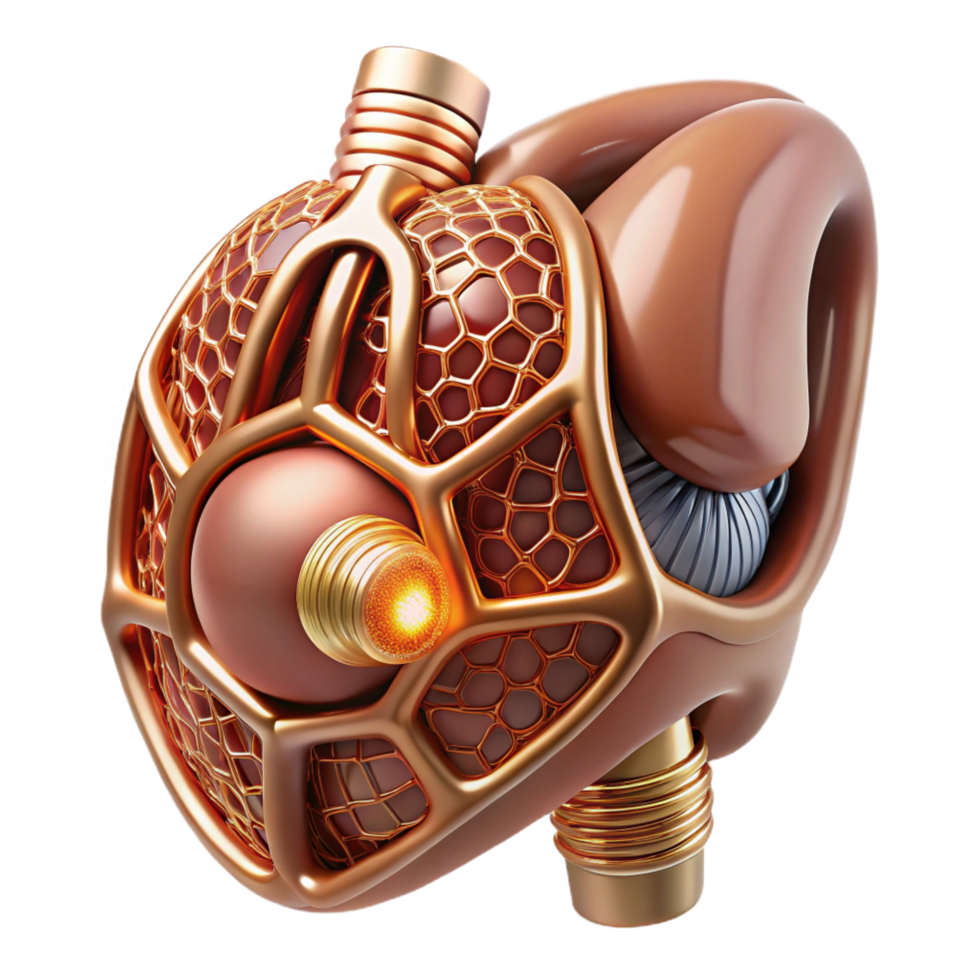 iconic coastal Concept art style biomechanical liver, intricate network of ducts and vessels, glowing core, bronze and copper, isolated cutout with Transparent Background perfect clarity png