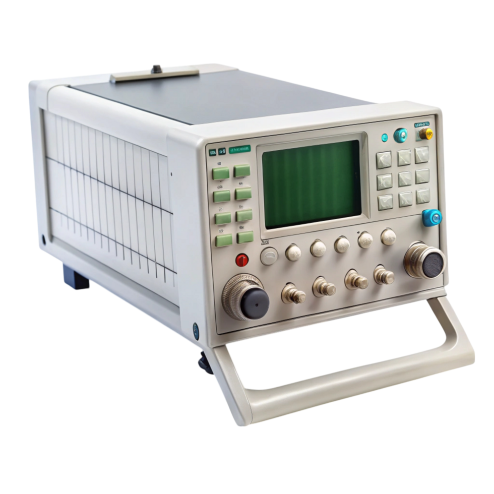 Compact electronic signal generator with knobs and display for precise signal frequency adjustments, isolated on white png