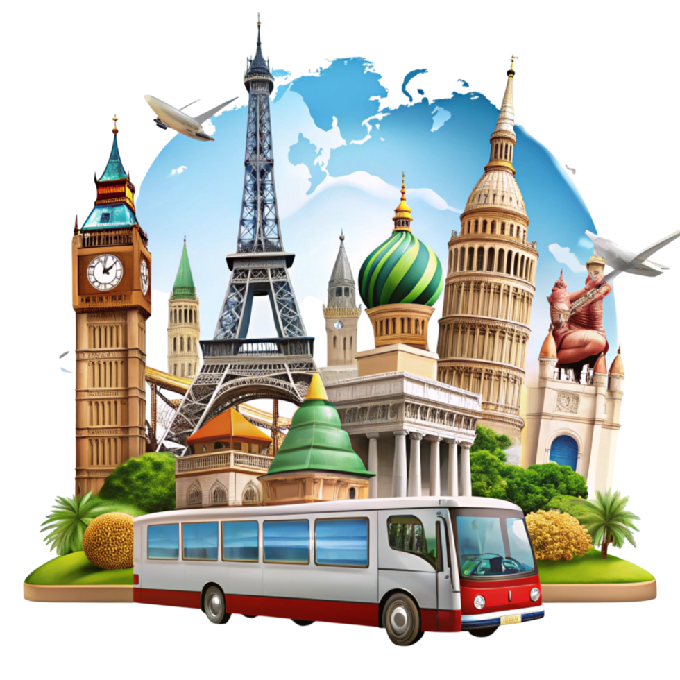 Comprehensive collection of famous world landmarks with a sightseeing bus, ideal for travel and tourism concepts png