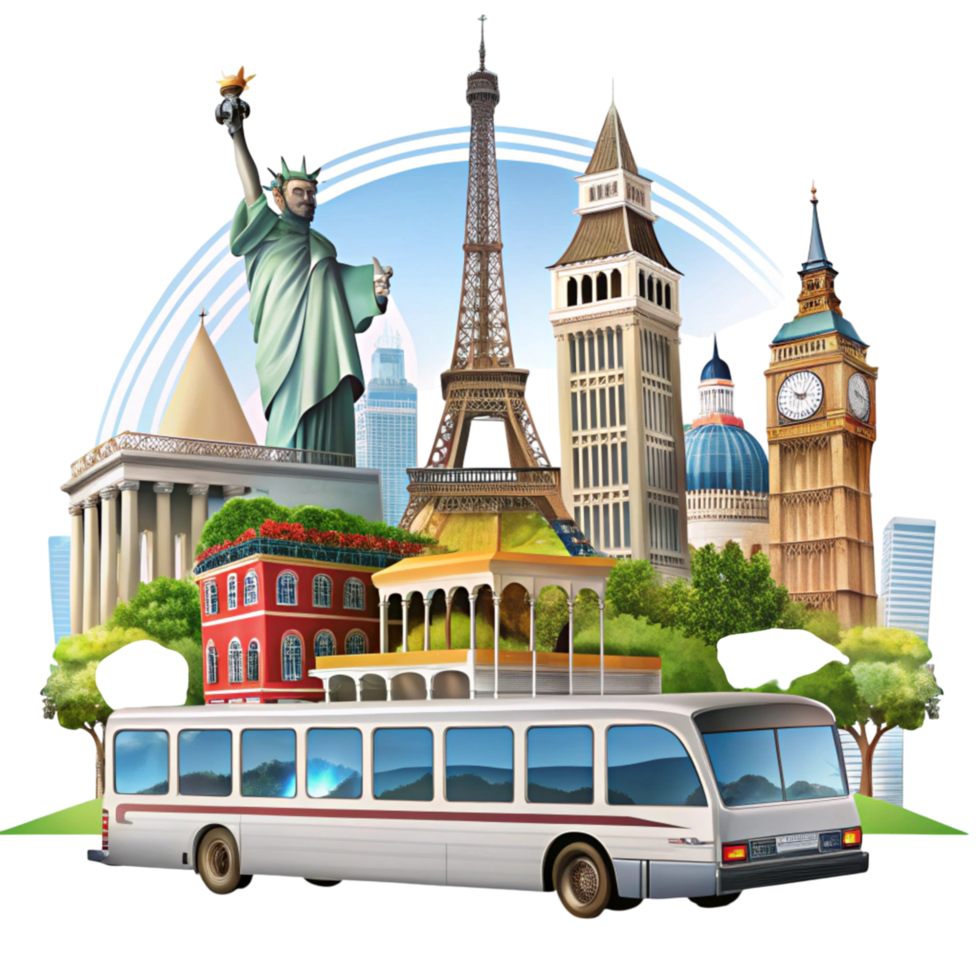 Vibrant illustration of global monuments and a sightseeing bus symbolizing international travel and adventure png
