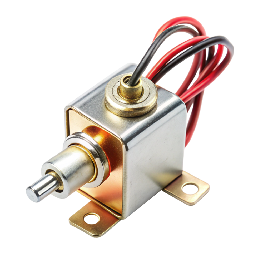 Close up of a solenoid device used in electrical and mechanical applications, showcasing its metal housing png