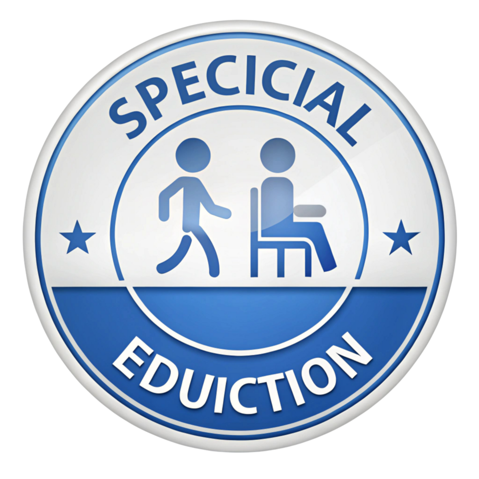 Round badge for special education featuring figures in movement and wheelchair icon in blue and white theme png