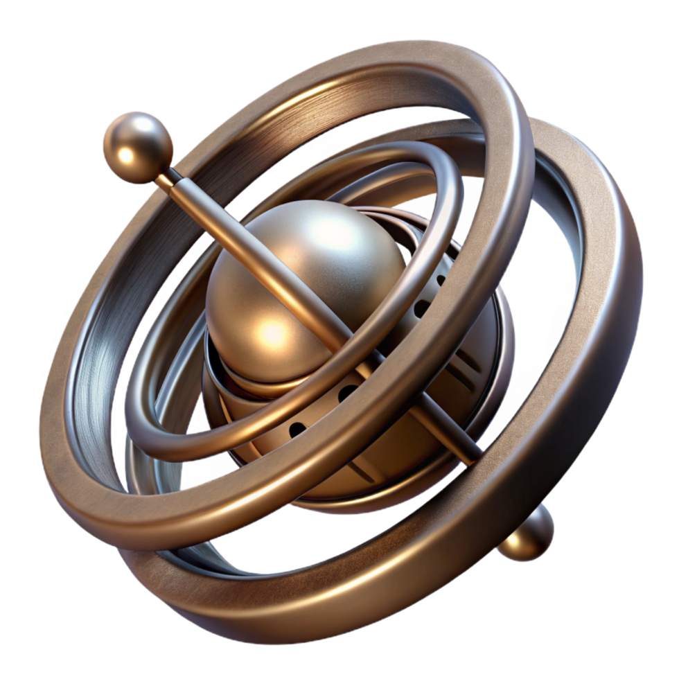 melancholic alluring Hyper-specific, professional render of an isolated, spinning, metallic gyroscope with intricate engravings Isolated cutout with Transparent Background fine detail png