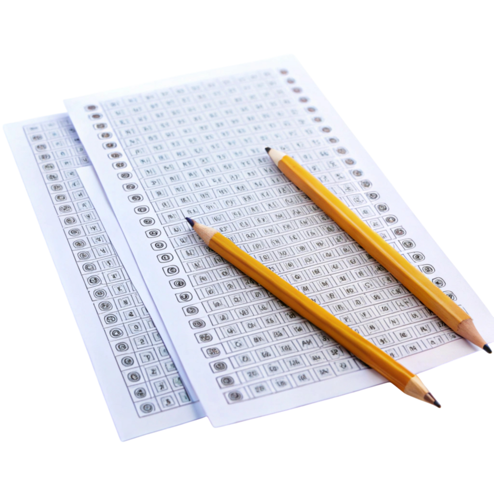 Standardized test sheets and pencils on a Transparent Background, perfect for exam preparation or assessment concepts png