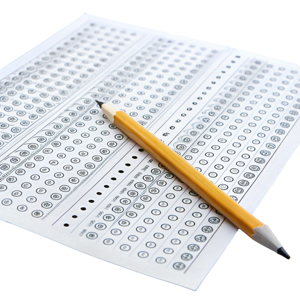 Multiple choice answer sheets with yellow pencils, symbolizing academic testing and educational assessments png