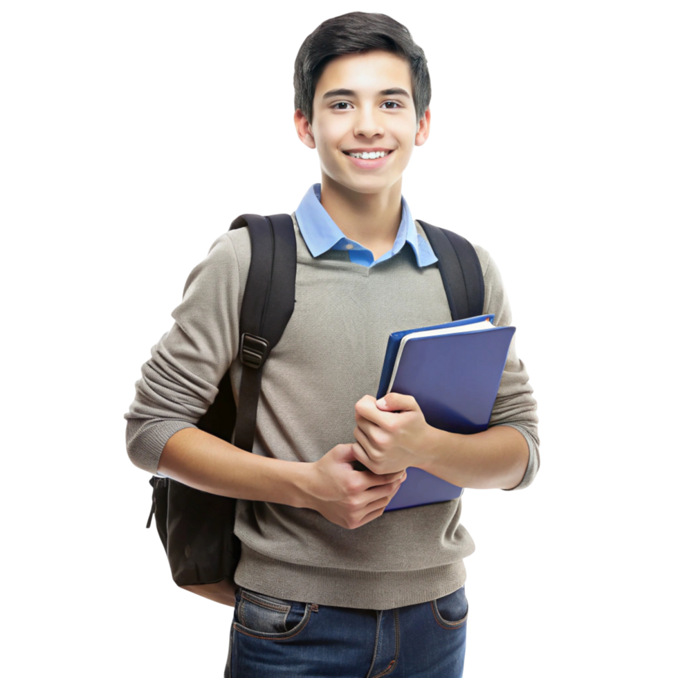 Confident high school student carrying books and smiling brightly, isolated on Transparent Background png