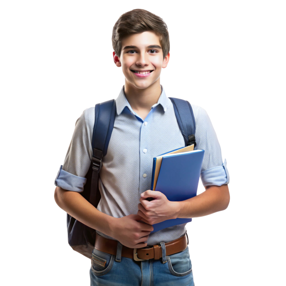 Smiling male student with books and backpack isolated on a Transparent Background, symbolizing education and learning png