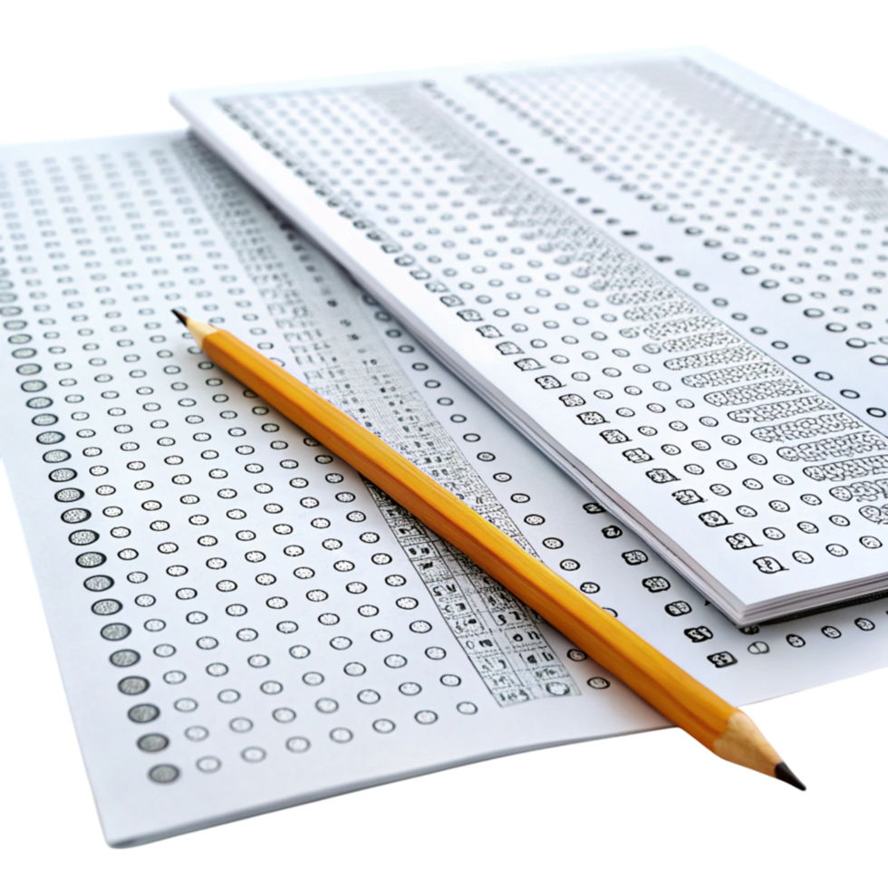 Close up of standardized test forms and pencils on a white surface, representing exam readiness and scoring tools png