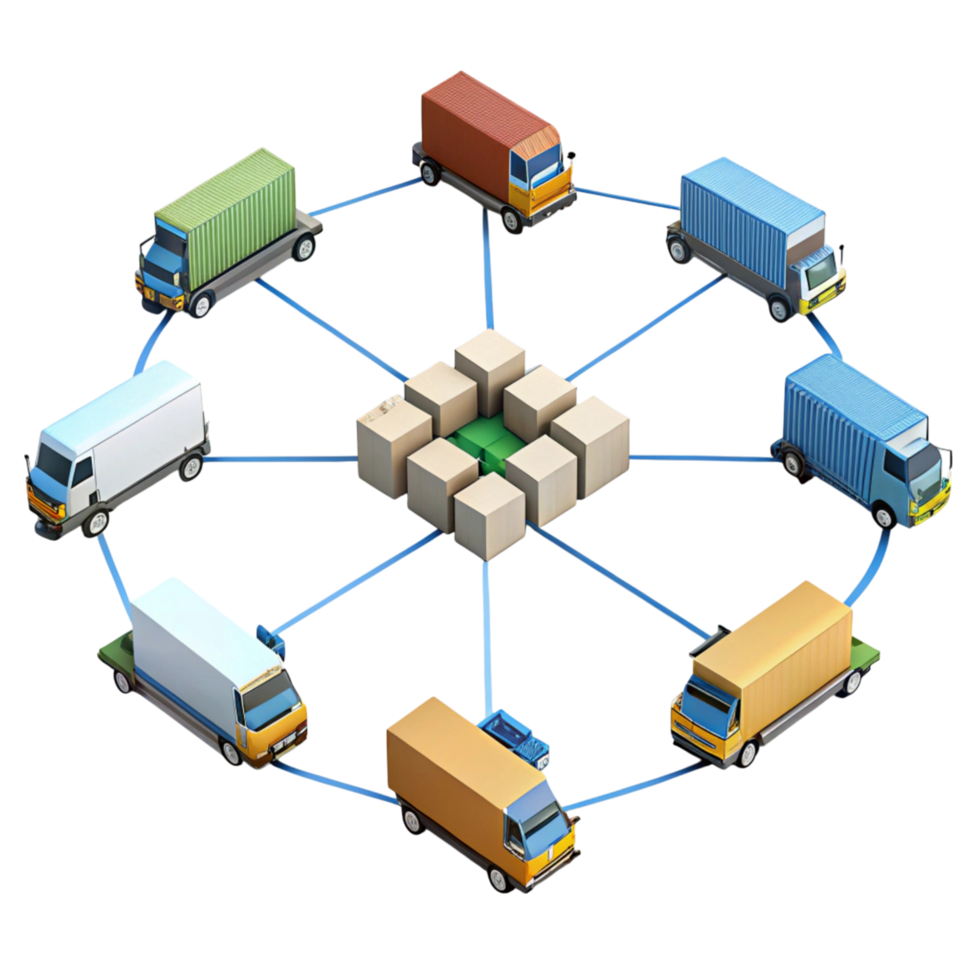 Detailed supply chain concept with delivery trucks and package distribution on a reflective Transparent Background png