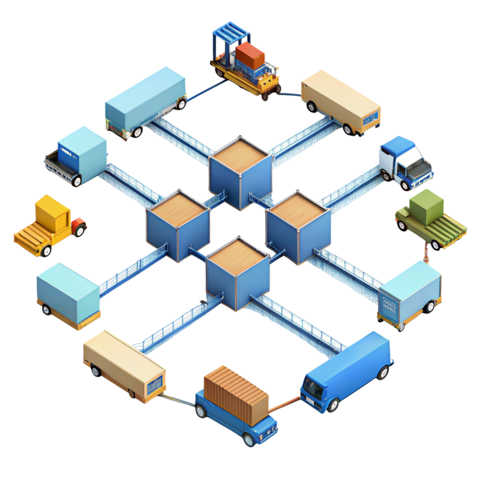 Network of transportation trucks and warehouses representing a supply chain on a Transparent Background png