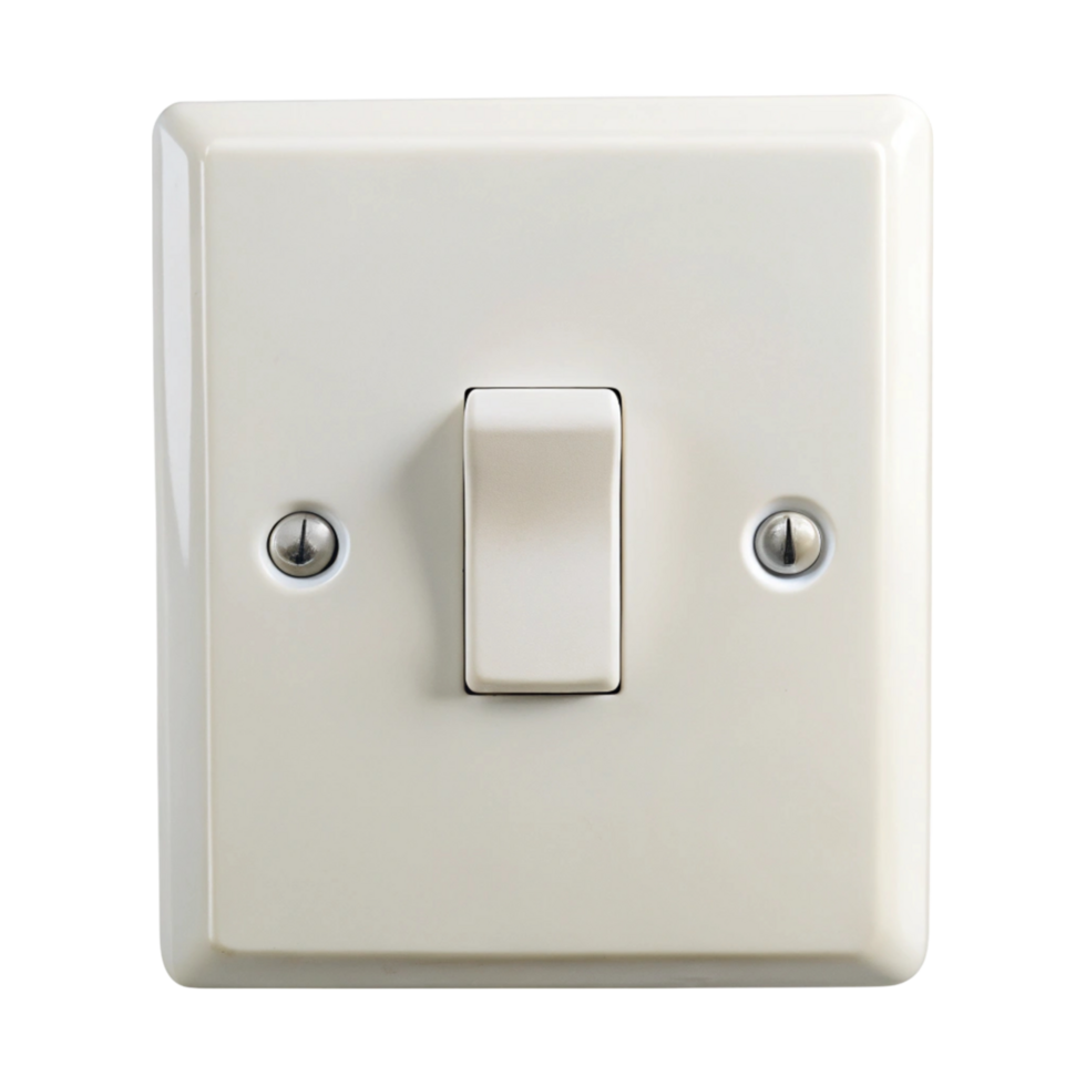 Simple white plastic wall switch for modern electronic appliances and electrical connections on a Transparent Background png