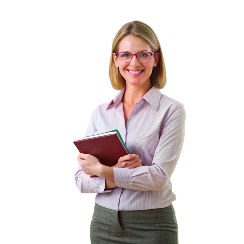 Professional educator holding teaching materials in a classroom with a chalkboard, ideal for education and learning themes png