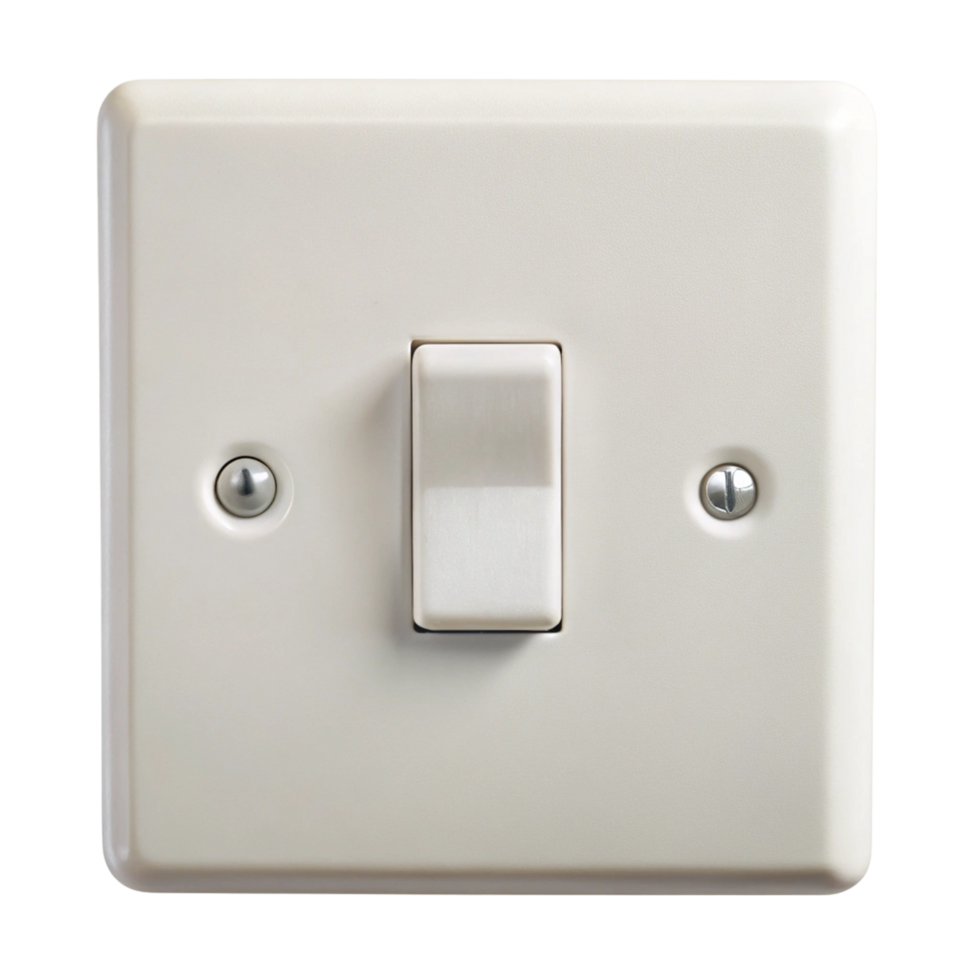 Minimalistic single white light switch for household or office electrical controls, isolated on white png