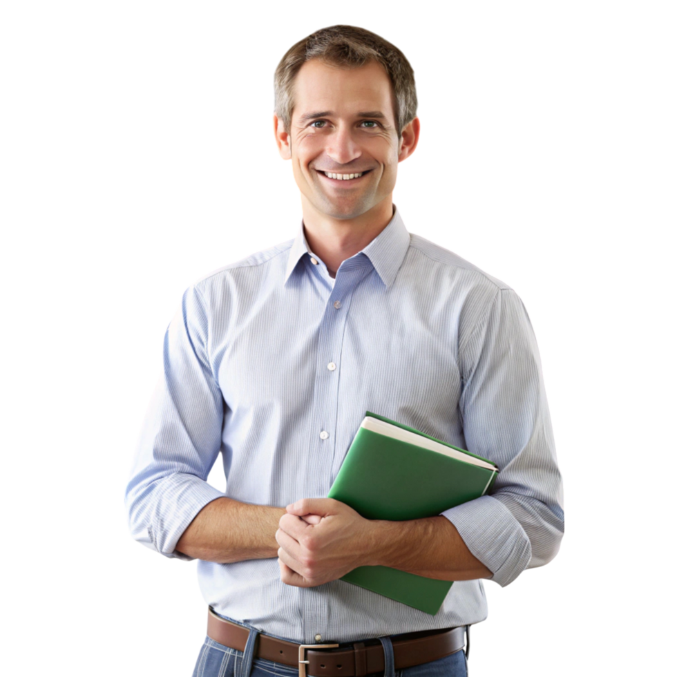 Male educator in a classroom setting with a chalkboard background, holding a notebook and exuding a positive demeanor png