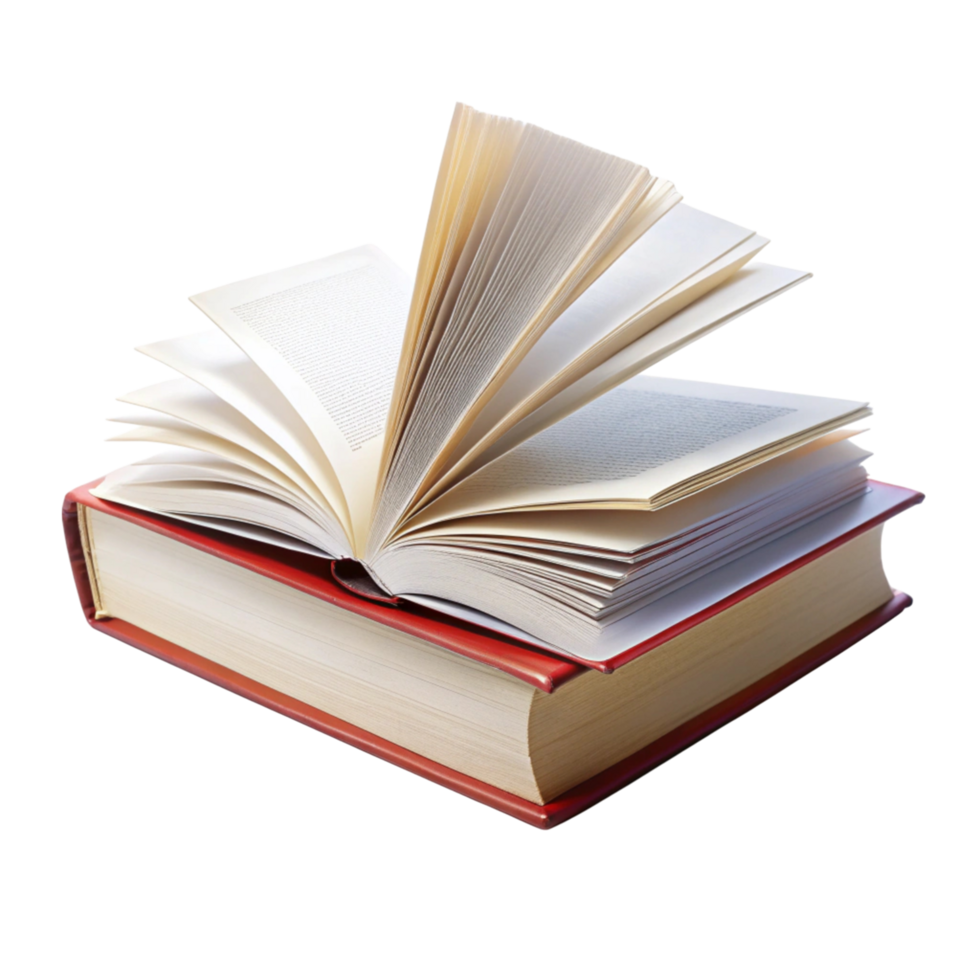 Educational textbook with vibrant covers and an open layout, symbolizing learning and literature on a reflective surface png