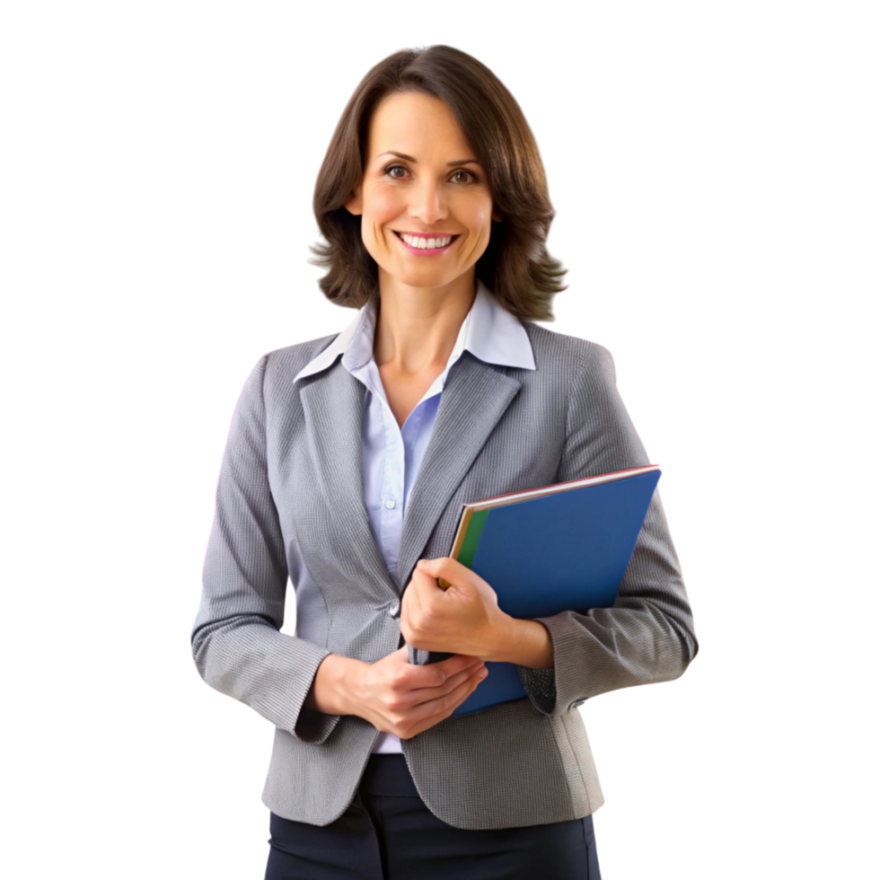 Smiling teacher standing confidently in front of a chalkboard, holding books, representing education and professionalism png