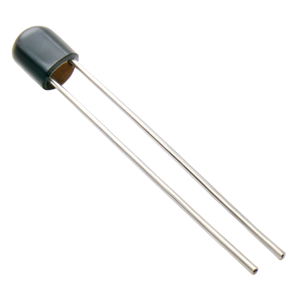 Thermistor component with two metallic leads, used in temperature sensing applications, isolated on a Transparent Background png