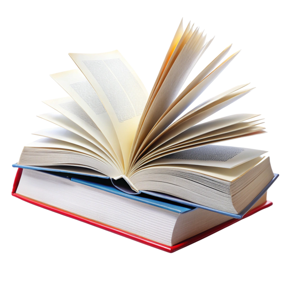 Open textbook with flipping pages stacked on another book, showcasing education and learning themes on a Transparent Background png