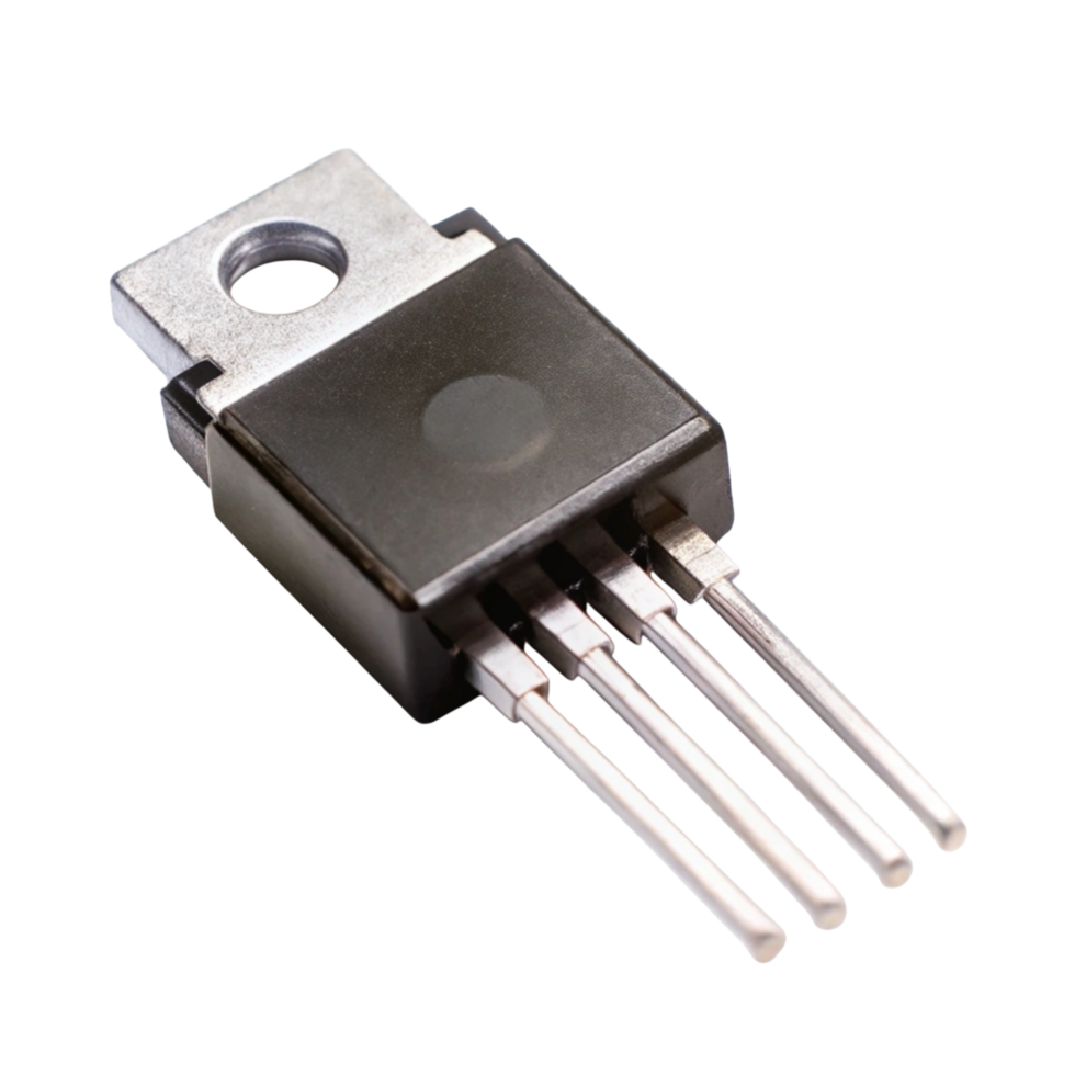 a TO 220 package transistor on a Transparent Background, showcasing its metallic pins and compact design png