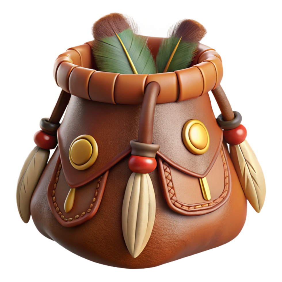 distinctive minimalist Photorealistic, ultra-detailed, isolated cutout of a tribal shaman's medicine bag made of leather and adorned with feathers with Transparent Background sharp png