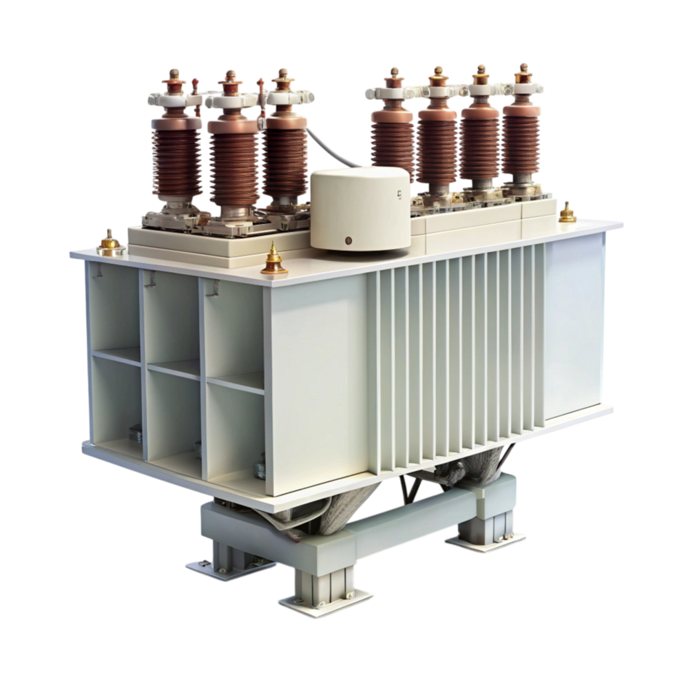 Electrical transformer for energy conversion and voltage regulation, featuring copper windings and ceramic insulators png