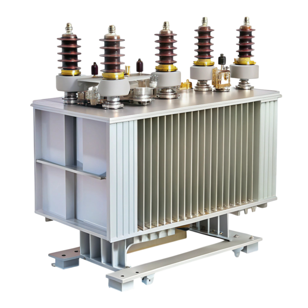 High voltage power transformer with detailed components, cooling structure, and insulators, used in electrical grids png