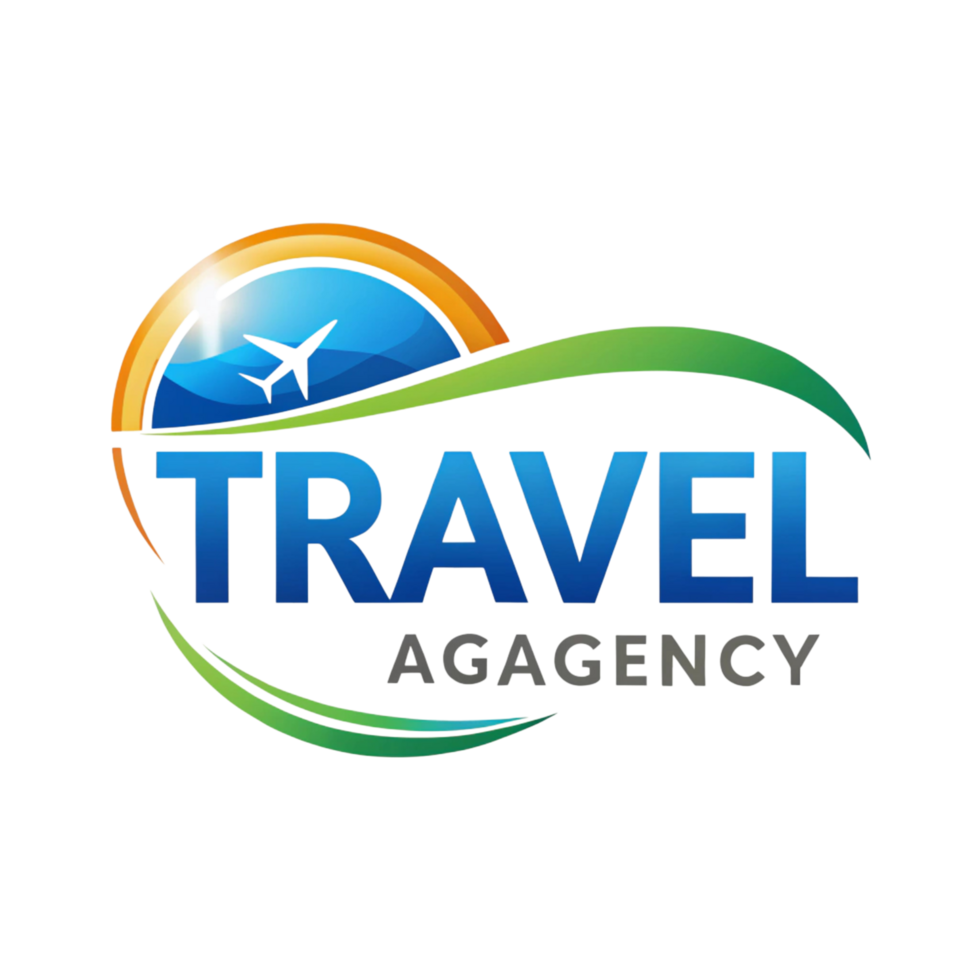 Modern travel agency logo with an airplane icon, vibrant circular design, and green and orange swooshes on a Transparent Background png