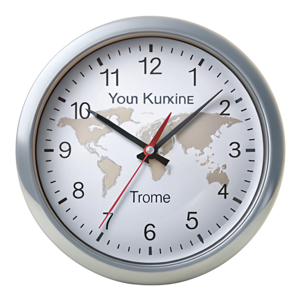 Minimalistic analog clock displaying unique time zone names with a metallic bezel, emphasizing global time concepts png