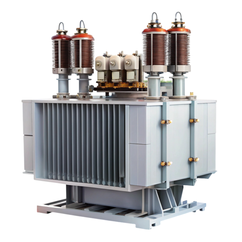 Industrial power transformer isolated on white, showcasing its high voltage design, coils, and cooling fins for energy distribution png