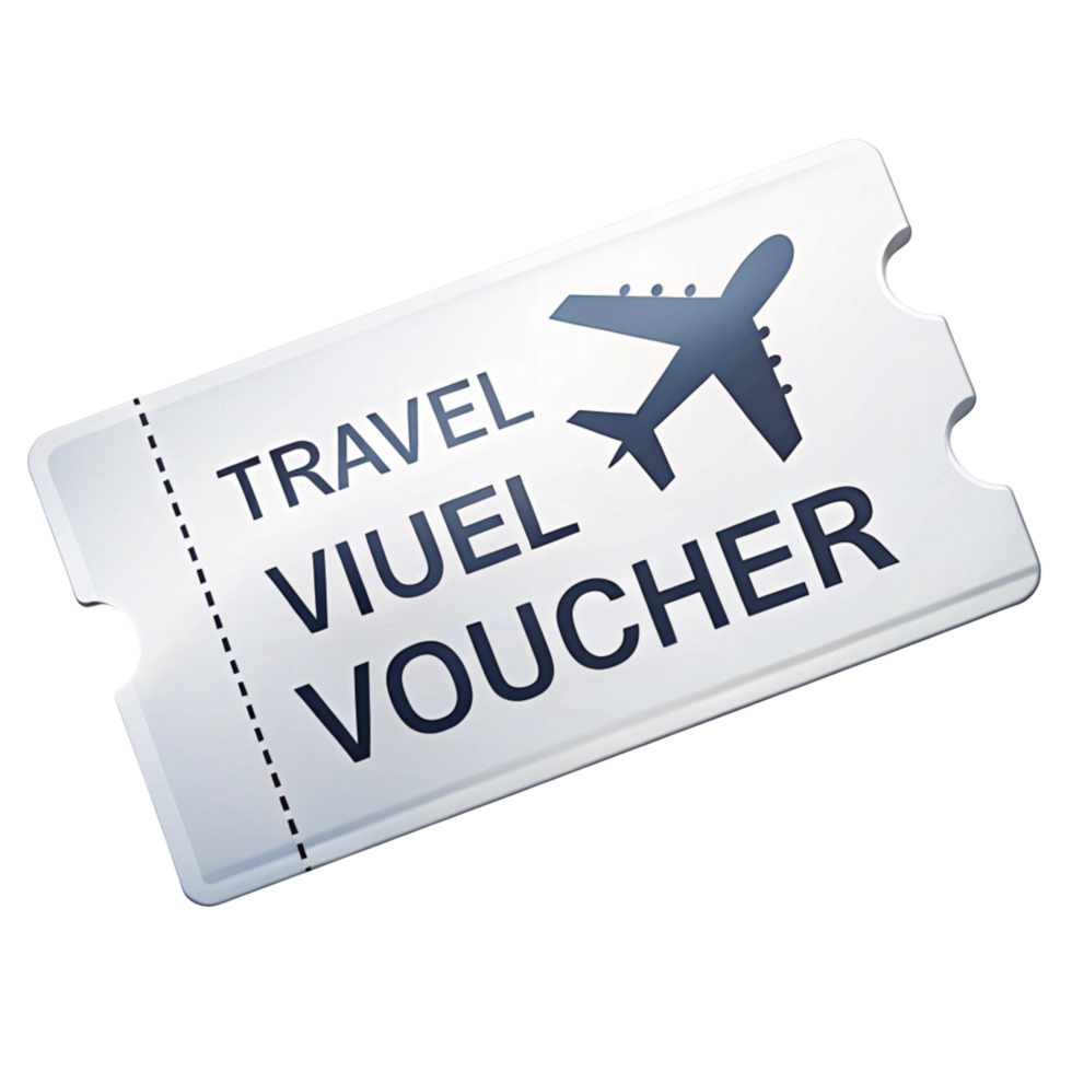 Sleek airplane themed travel voucher card, perfect for promotions or gifting, isolated on a bright white surface png