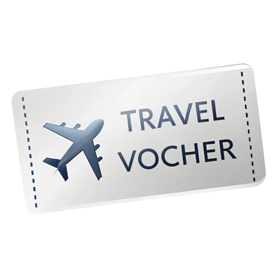 travel voucher design featuring an airplane icon and clean typography on a Transparent Background png