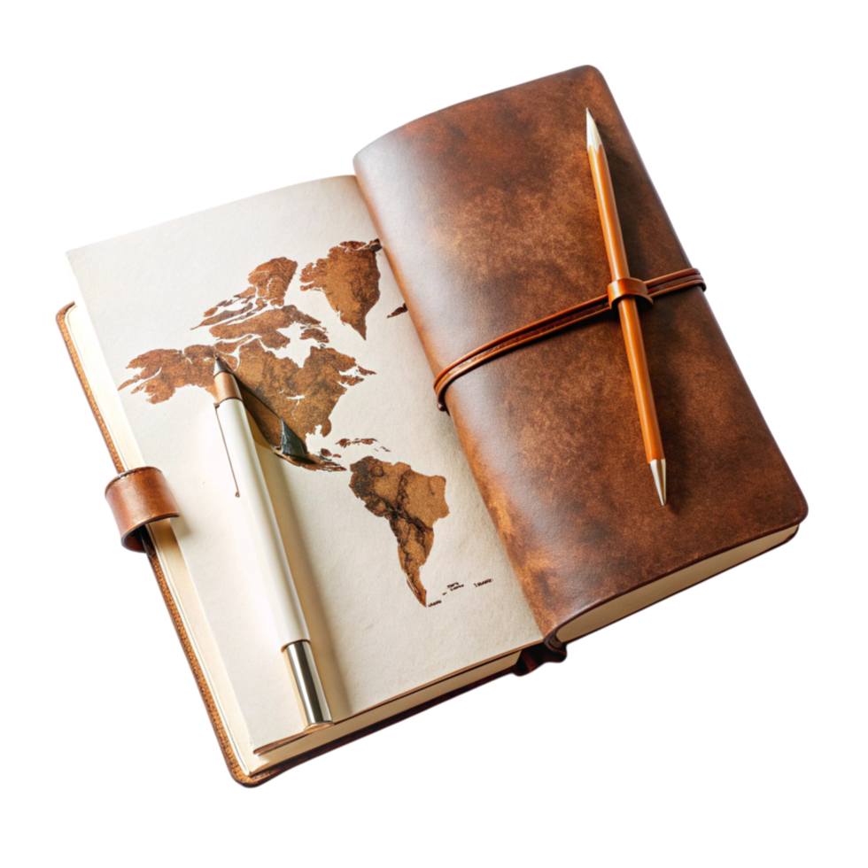 Minimalist travel journaling setup featuring leather notebooks, pens, and maps, ideal for documenting adventures and plans png