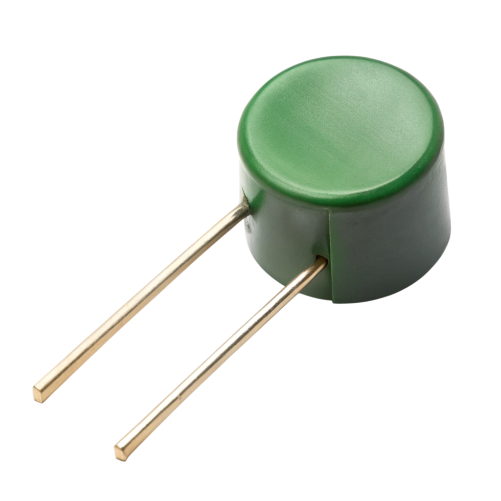 varistor with green cylindrical body and robust connectors, isolated on Transparent Background png