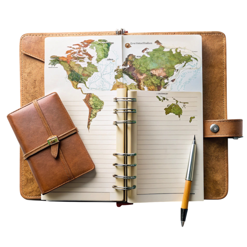 Flat lay of a travel diary, writing tools, and map elements, perfect for capturing wanderlust and journaling themes png