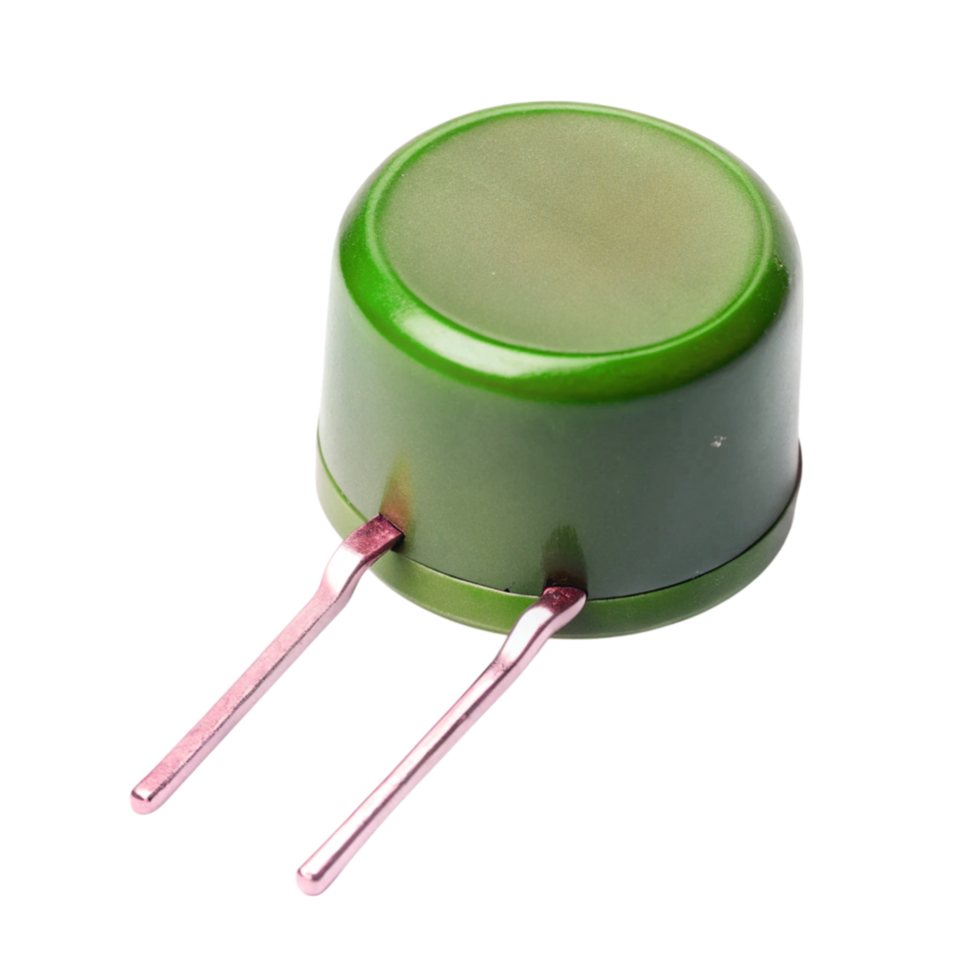 Varistor device with round housing and dual pins, designed for circuit protection applications, studio close up png