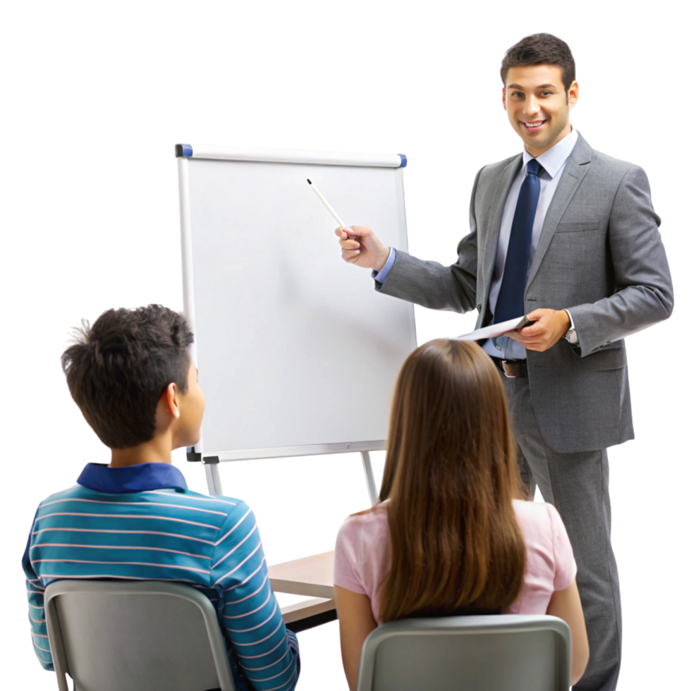 Male teacher in a formal suit explaining concepts to students using a flip chart in a modern learning environment png