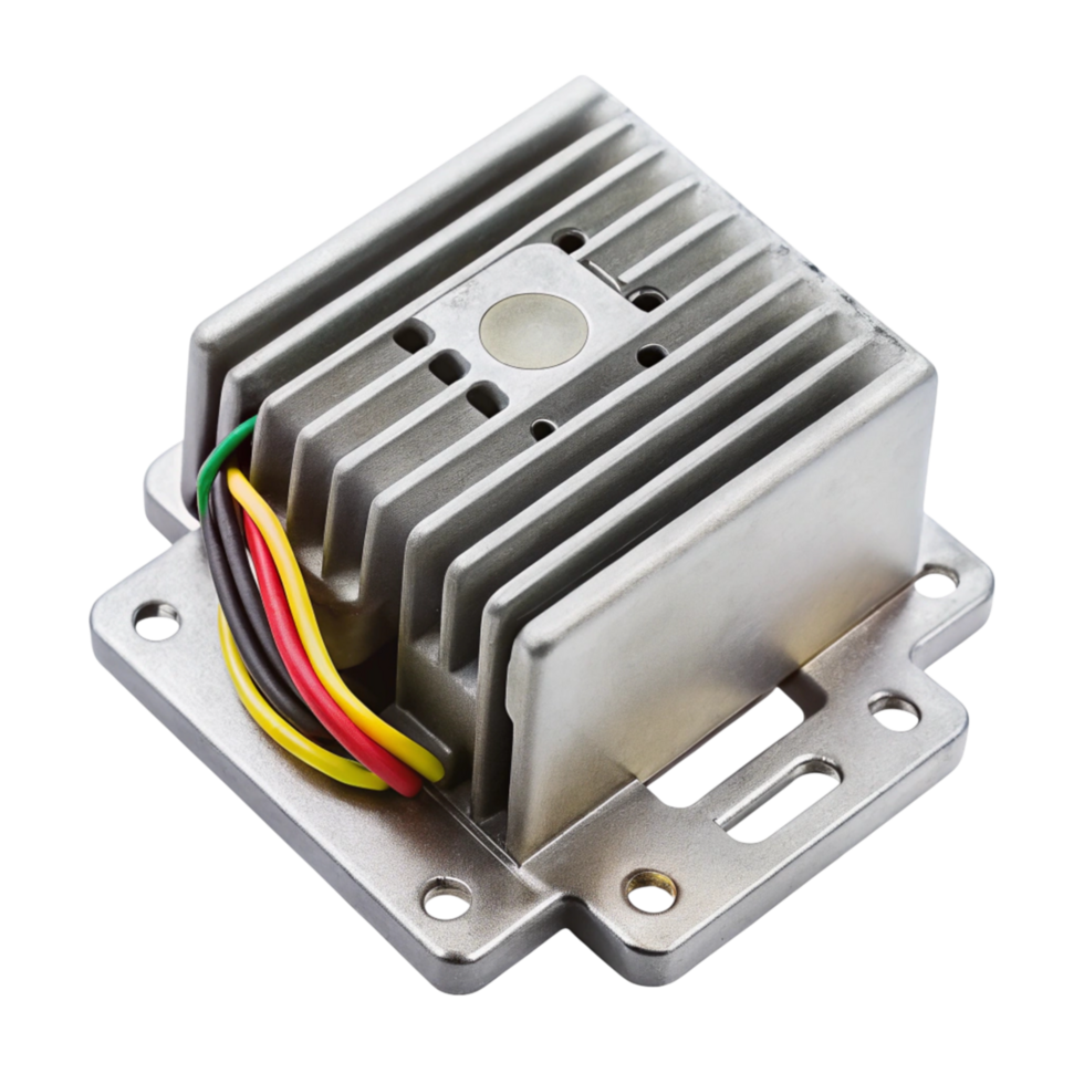 Voltage regulator unit featuring robust design, multicolor wiring, and metallic finish, studio close up png