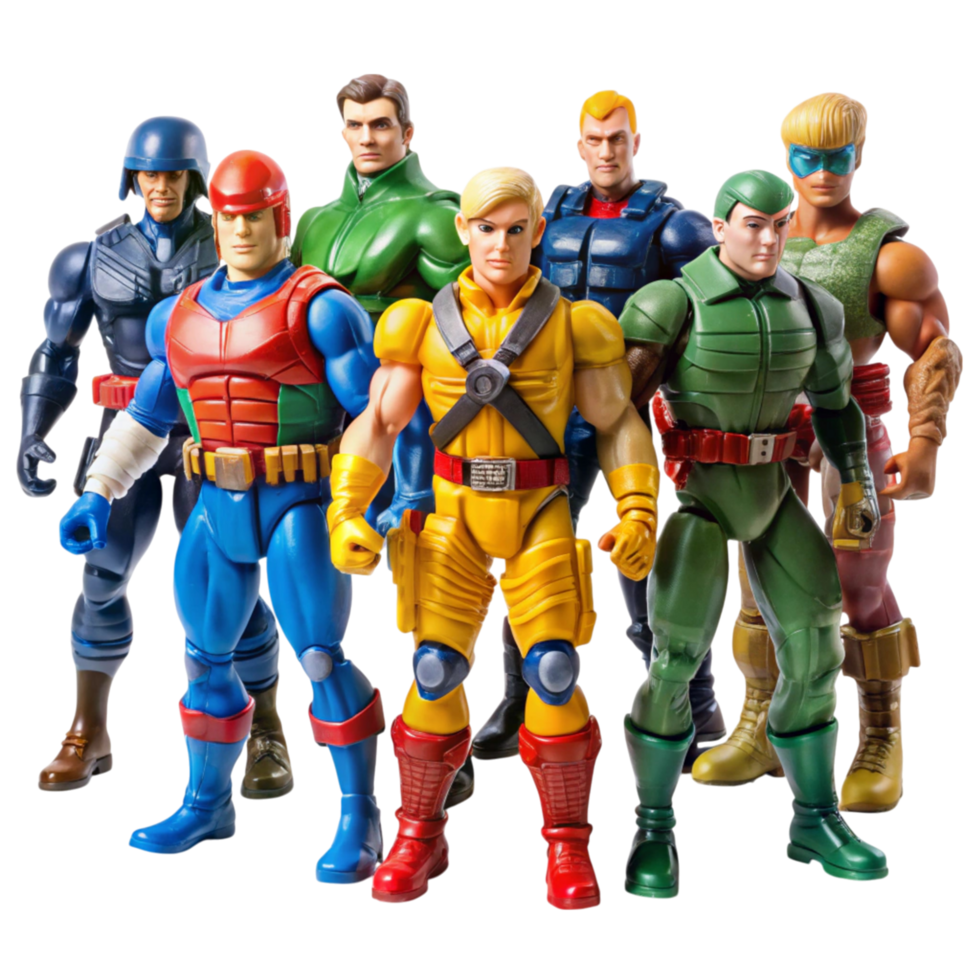 Assortment of superhero action figures in dynamic costumes, perfect for collectors and toy enthusiasts of all ages png