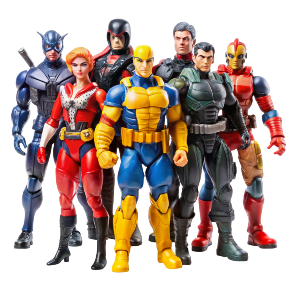 Set of detailed action figures featuring bold designs and vibrant colors, ideal for creative storytelling and display png