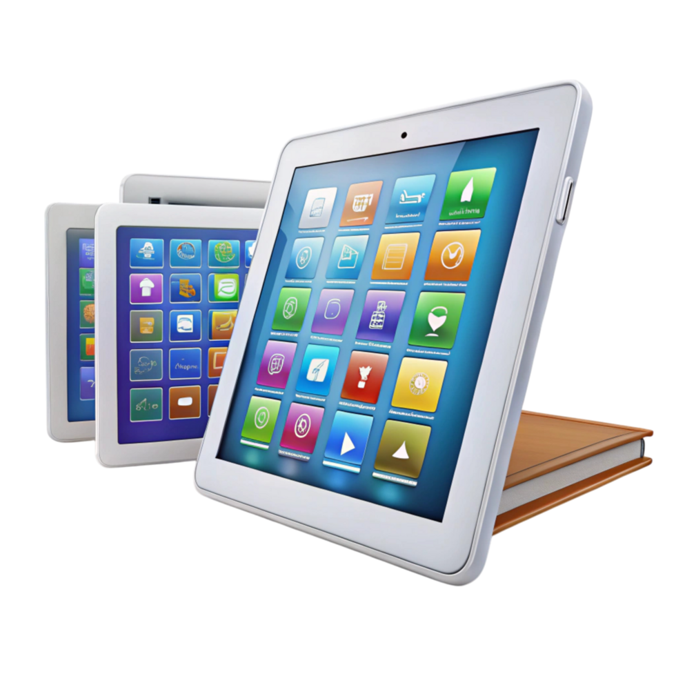 Set of advanced tablets with bright screens and functional app layouts, perfect for education and tech enthusiasts png