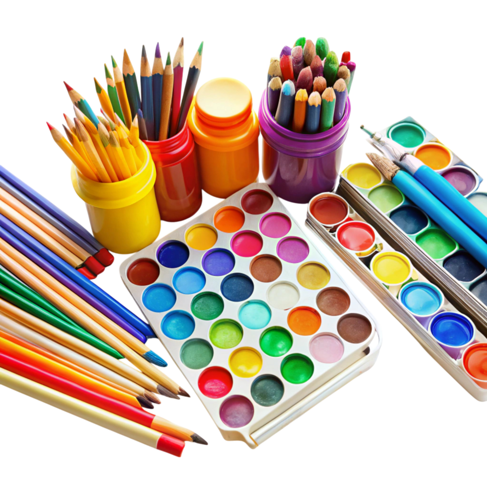 Creative art materials featuring watercolor sets, paintbrushes, and colorful pencils arranged aesthetically png